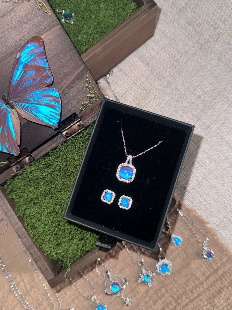 Handmade 925 Silver Blue Morpho Jewelry Set, Square Necklace Earrings