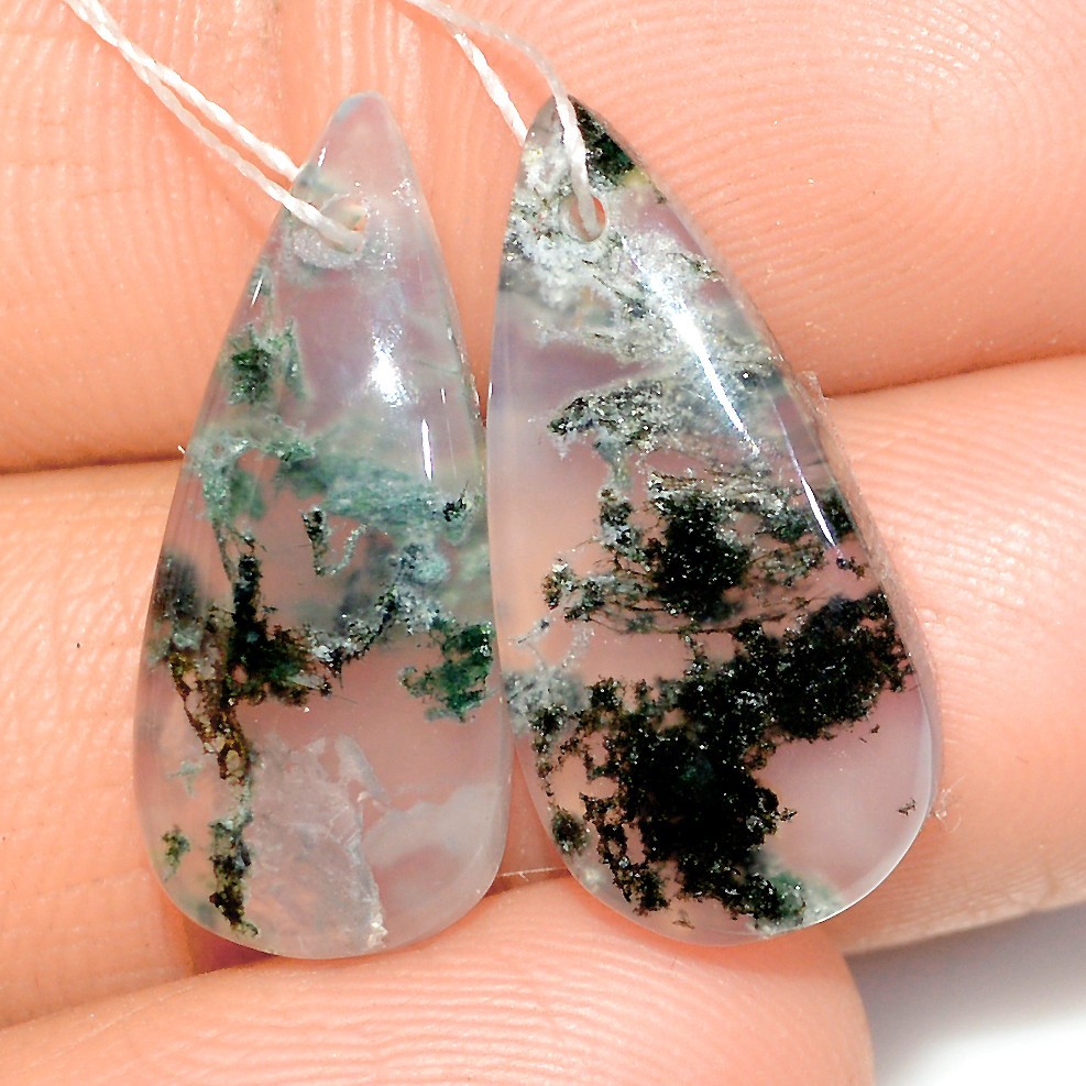 16 Cts Natural Green Moss Agate Cabochon Gemstone Front Drill Pair 20x10mm #P975