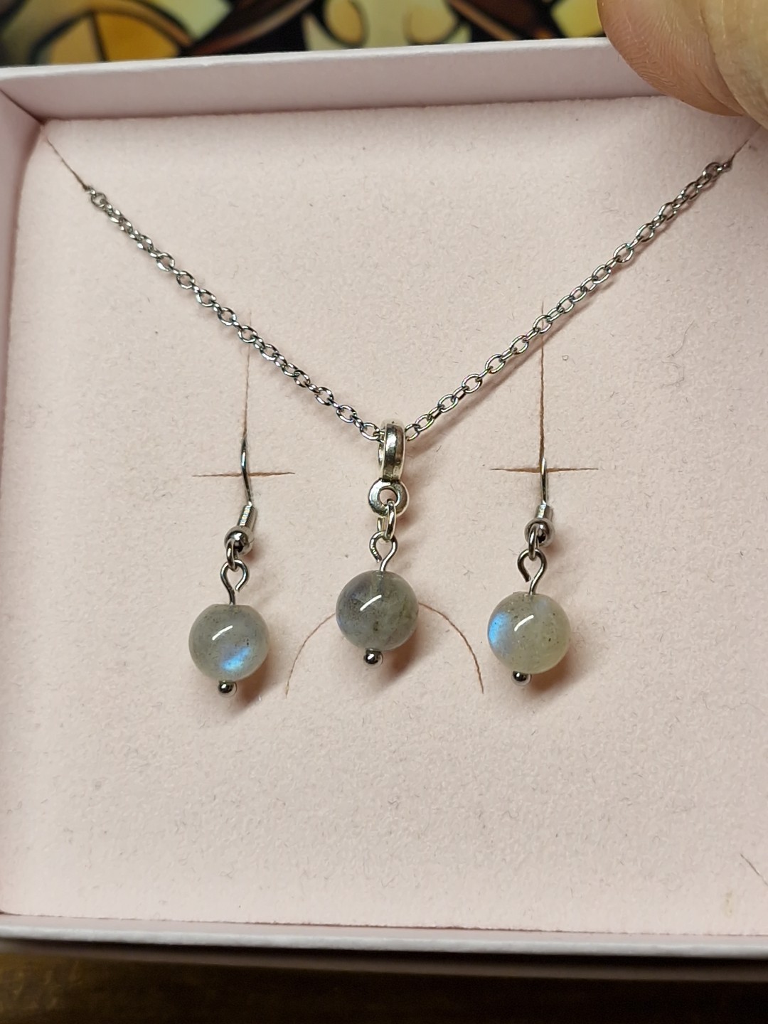Simple Labradorite Crystal 8mm Bead Earrings & Necklace Set
