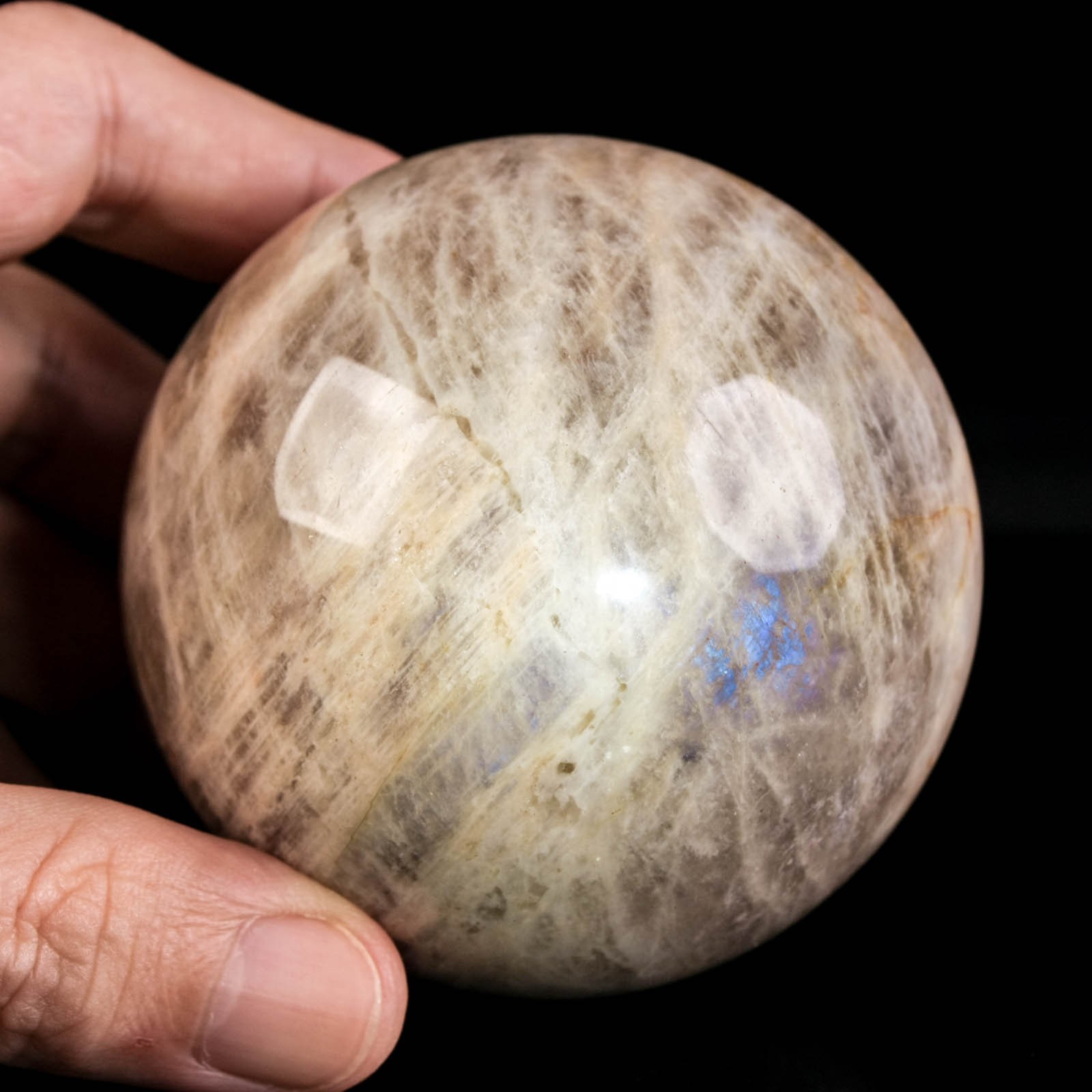 2.8″ 1.07LBS Moonstone Sphere Natural Blue Flash Crystal Ball Mineral Specimen