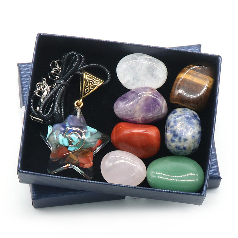 Natural 7 Chakra Healing Crystal Tumbled Stone Set Moon Star Pendant W/ Gift Box