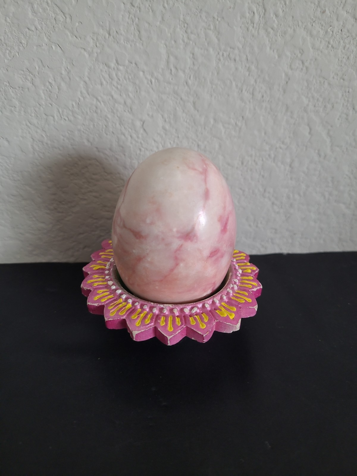 Vintage Polished Pink Stoned Quartz Egg & Ceramic Stand