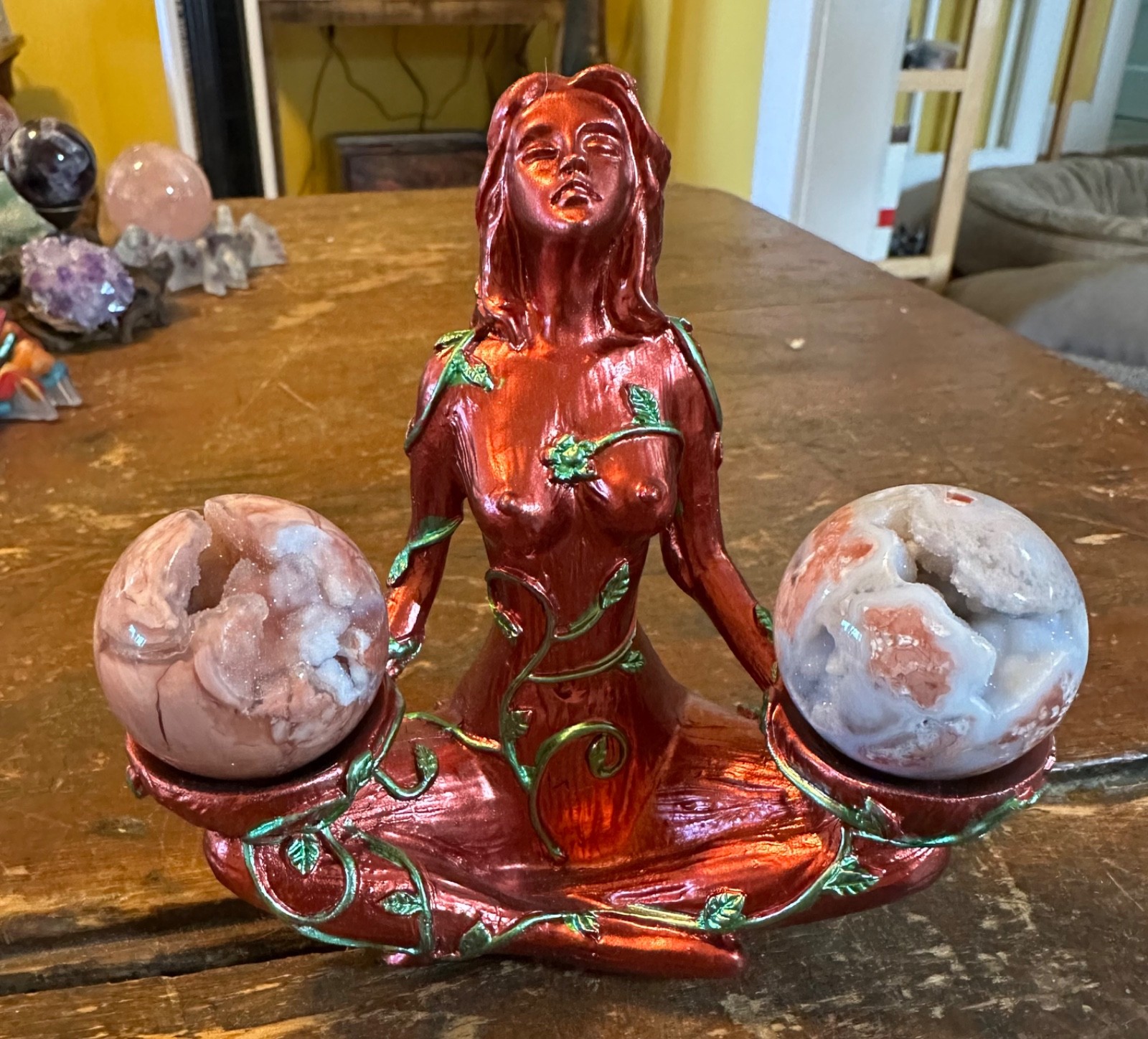 Two pink amethyst druzy spheres and “earth mother” resin stand Free shipping