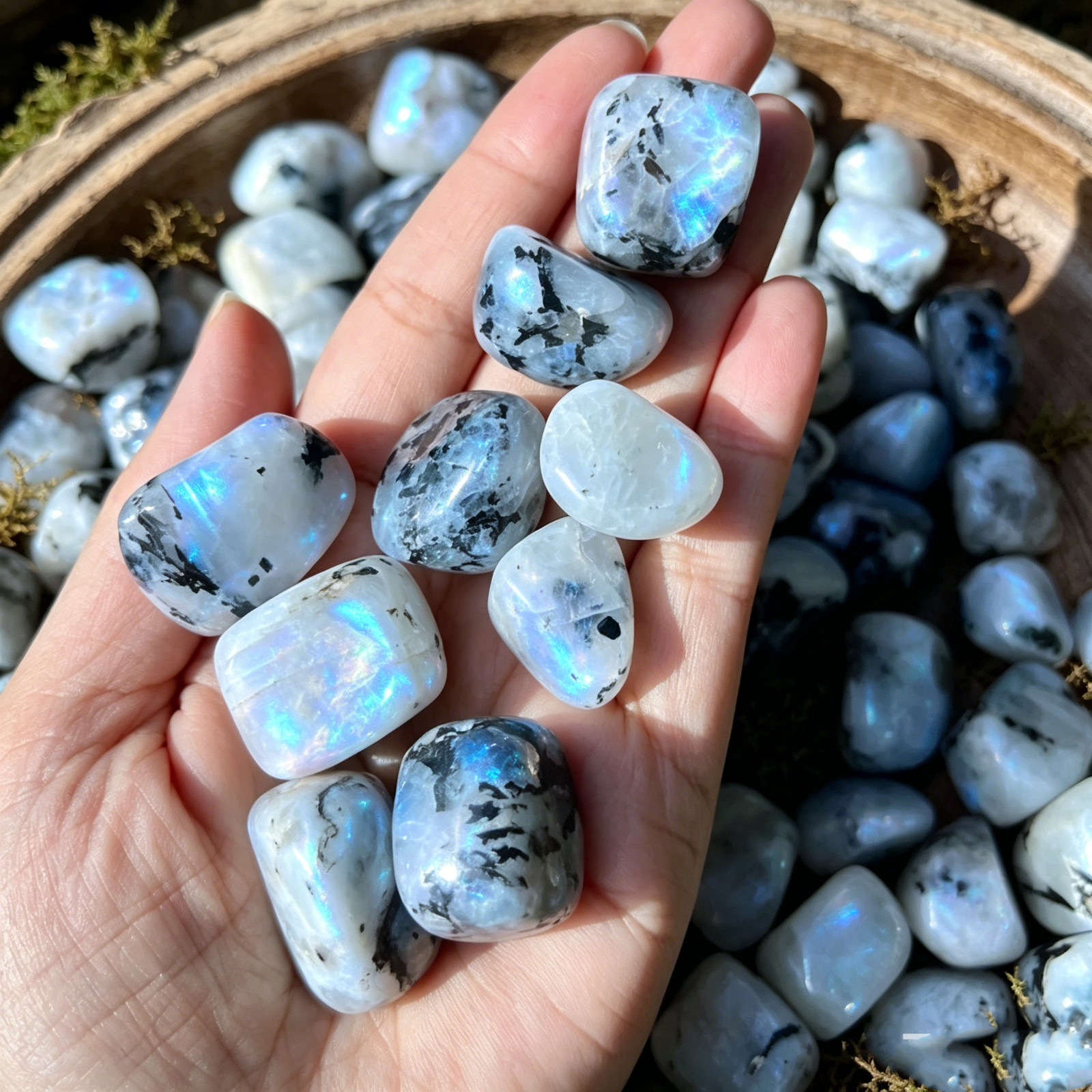 3PCS Natural Rainbow Moonstone Tumbled Stones 3-5cm Healing Intuition