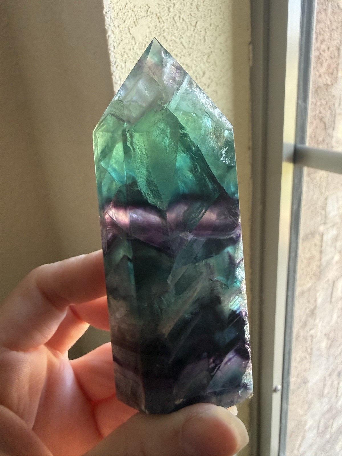 HQ Chevron Rainbow Fluorite Crystal Tower Purple Blue Green 4inch Tall Clear