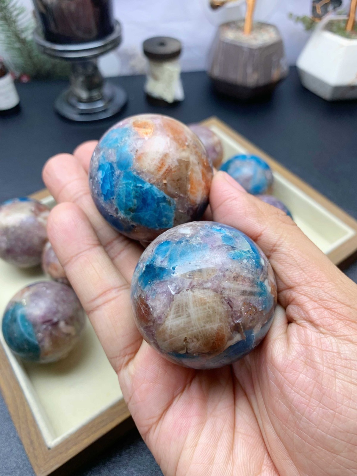 5cm Crystal Ball, Blue Apatite Sunstone Purple Mica Resin Composite Wooden Stand