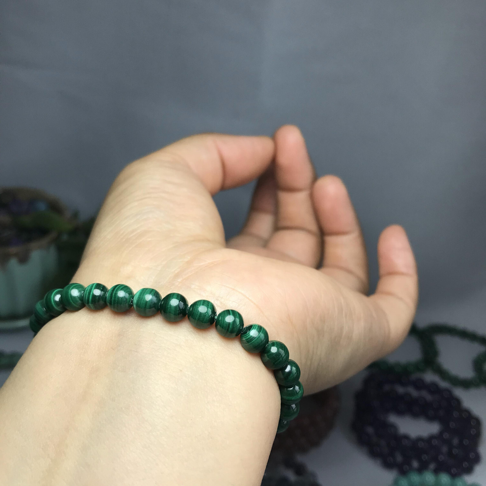 6mm Natural malachite gemstone Crystal chain beads bracelet 13-14g A5264