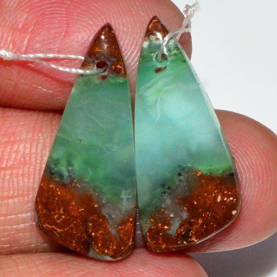 18Cts Natural Chrysoprase Gemstone Cabochon Front Drill Earrings 22x9mm #P2576