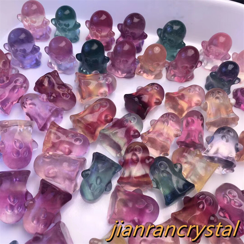100pc Hand Carved Natural Fluorite Mini Ghost Quartz Crystal Skull Reiki Healing
