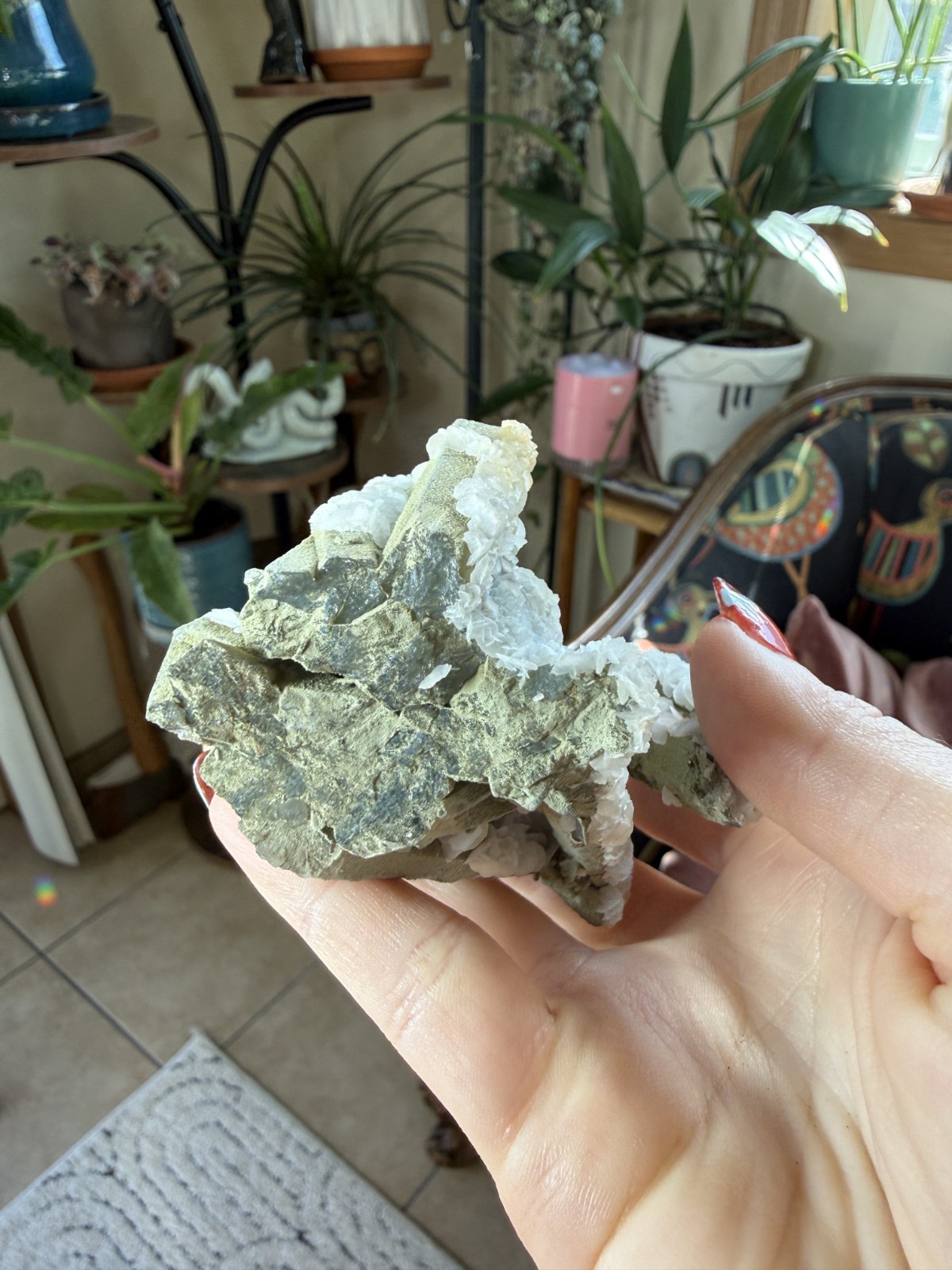 Green Chlorite Quartz Cluster with White Petal Calcite – Inner Mongolia, China