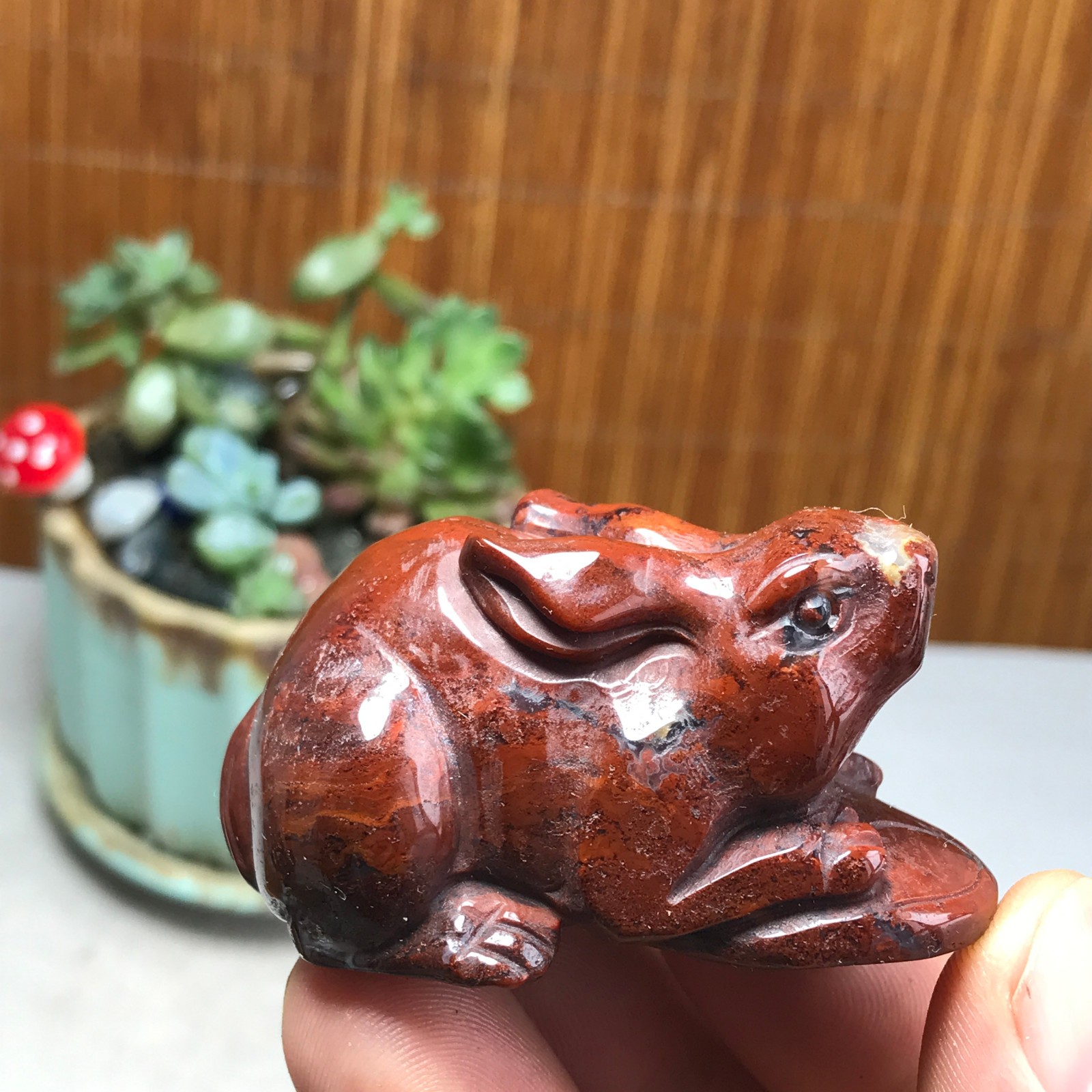 Natural bloodstone carve Rabbit & Copper Coin Figurine, Feng Shui Wealth Luck 82