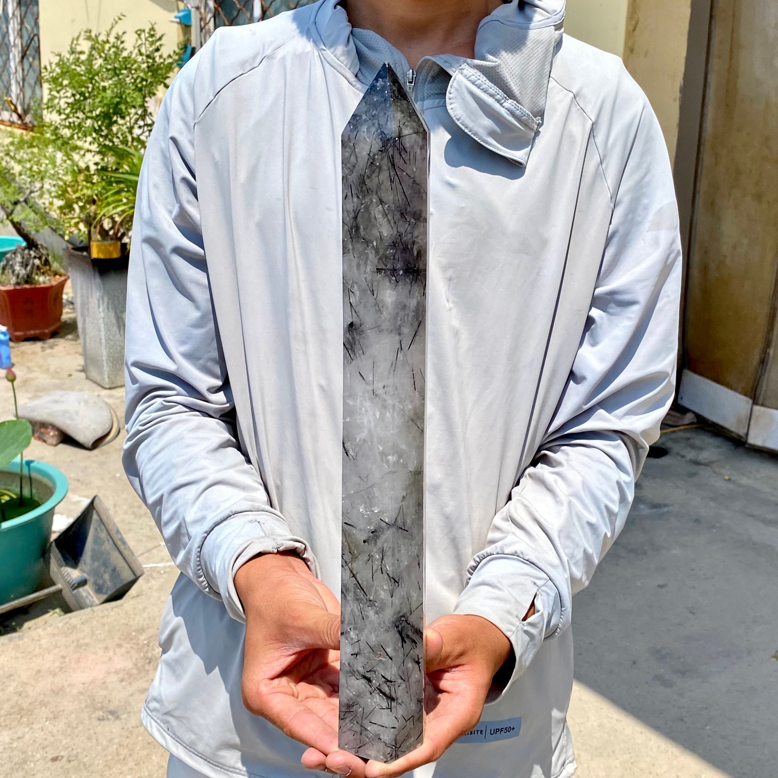 3.9LB Natural black hair and white crystal symbiotic aura gem mineral point