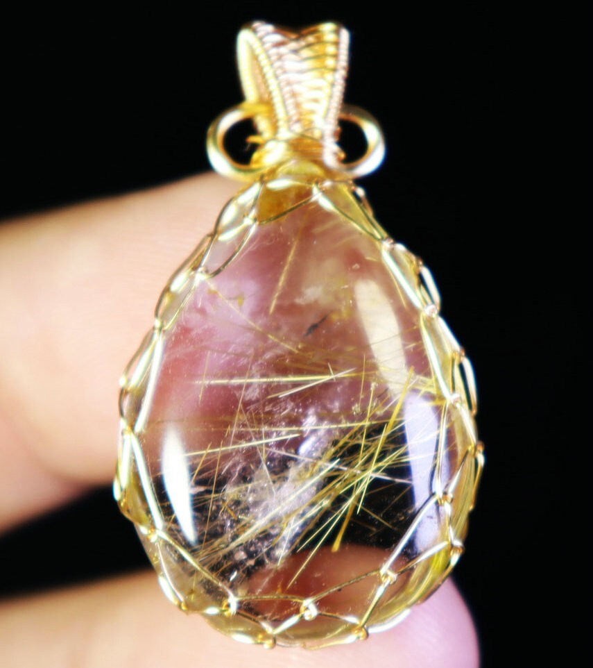 Natural Clear Golden Sun Rutilated Titanium Quartz Crystal Stone Pendant Healing