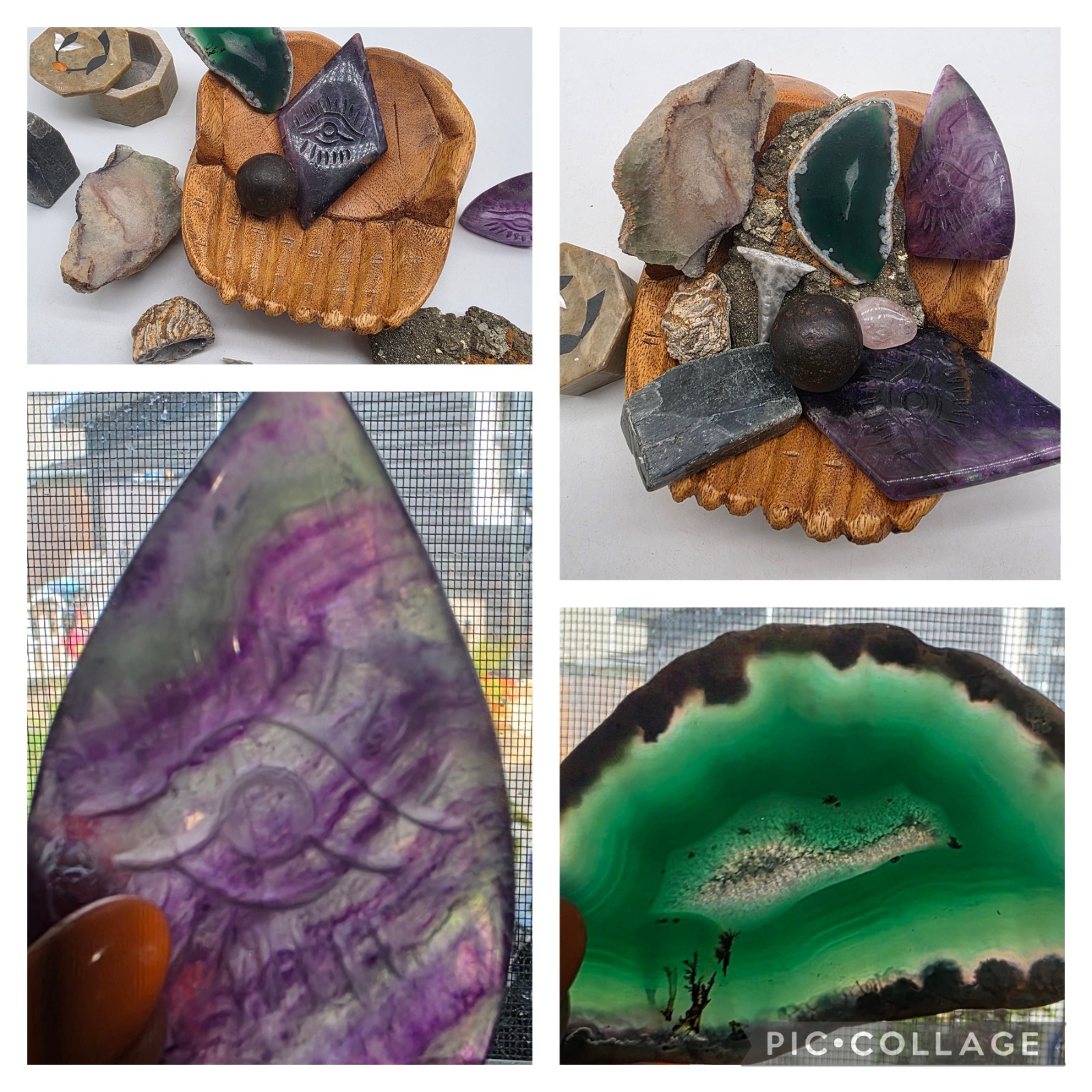 Fluorite All seeing Eye stone Wooden Hand Bowl Pyrate Gem Geode cannon ball LOT