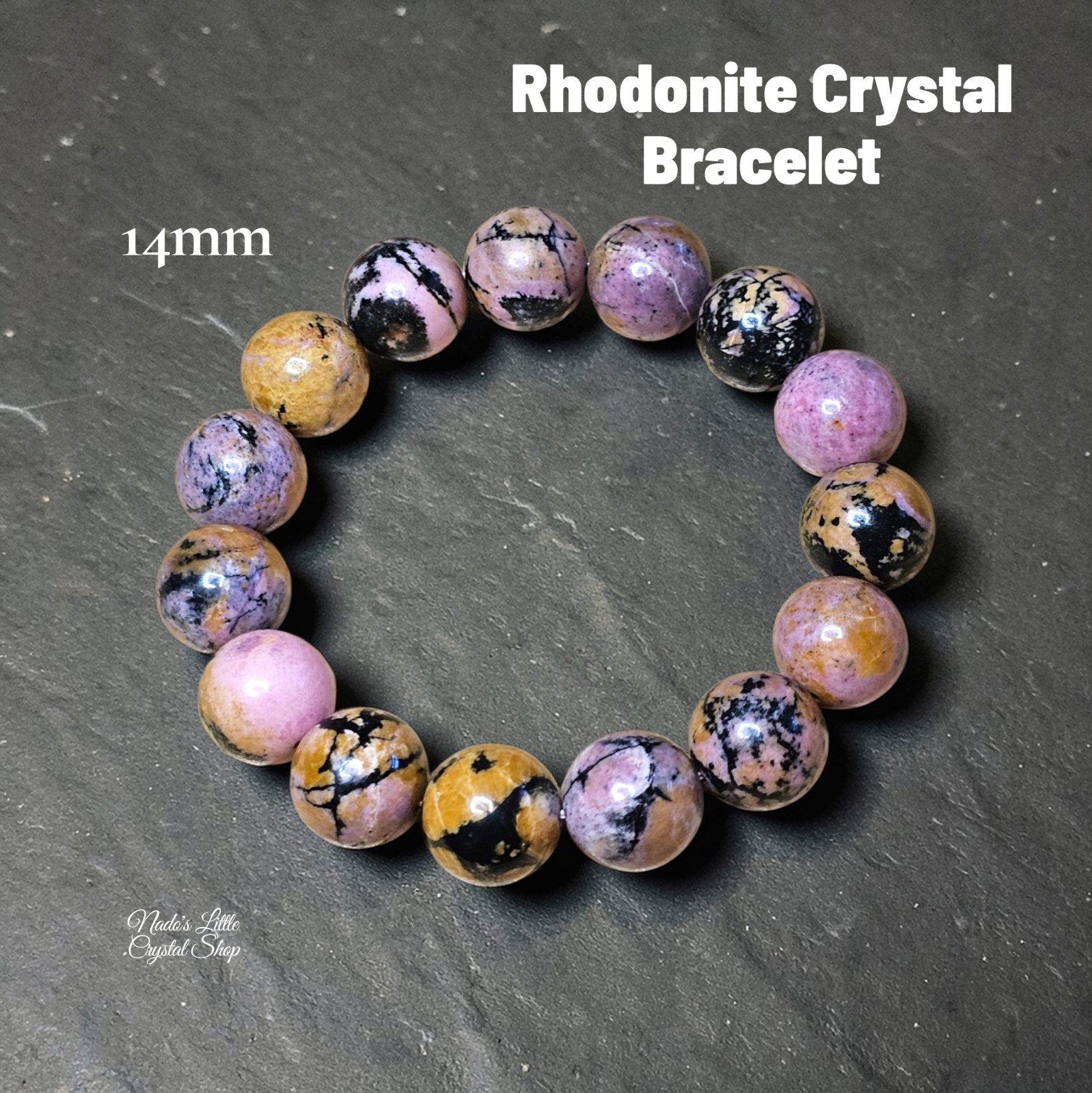 Rhodonite Natural Crystal Bracelet 14mm Round Beads Reiki Healing