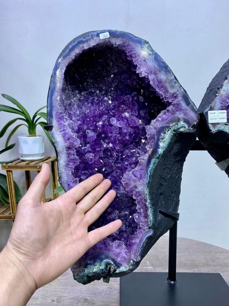 70LB Natural Amethyst Butterfly Geode Quartz Crystal Amethyst Cave + Stand