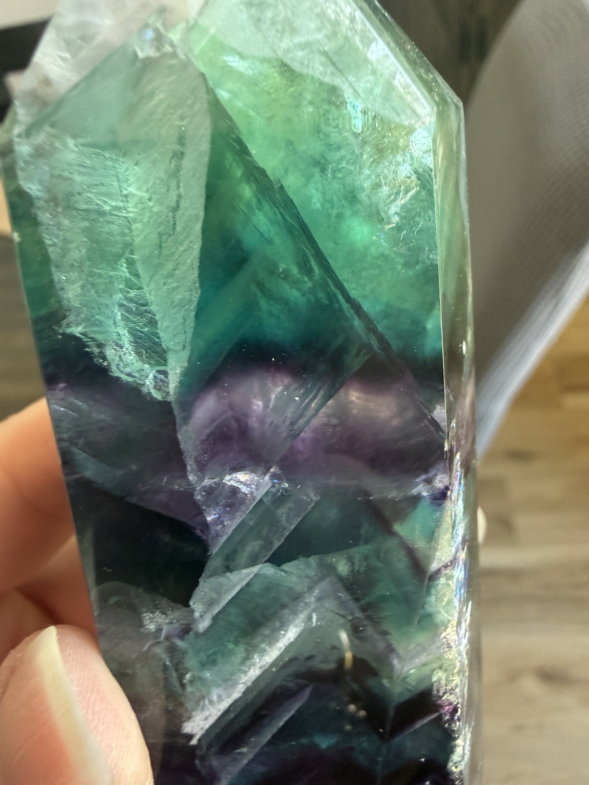 HQ Chevron Rainbow Fluorite Crystal Tower Purple Blue Green 4inch Tall Clear