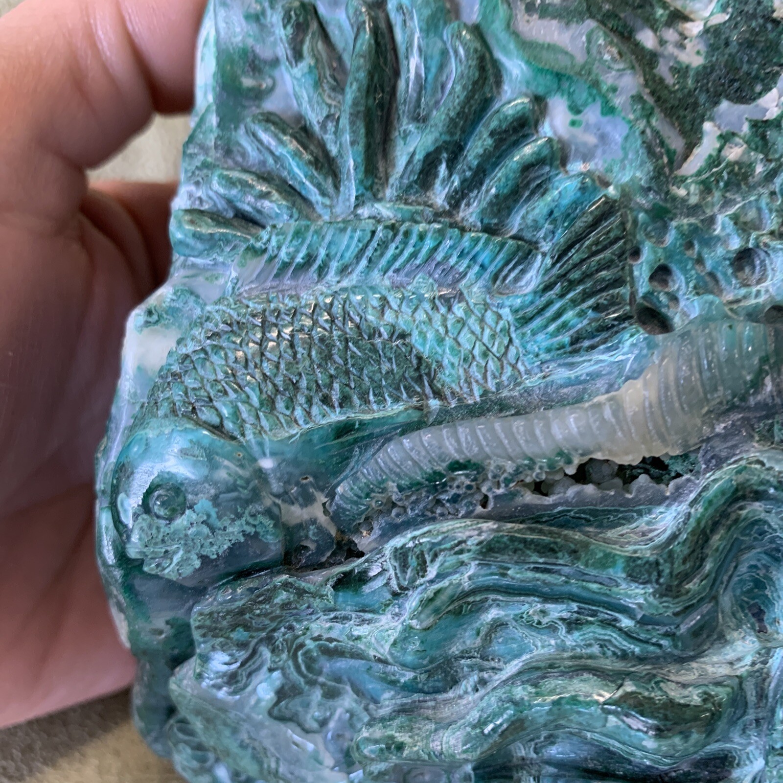 Large Chrysocolla in Quartz Fish And Starfish Gemstone Carving Sculpture
