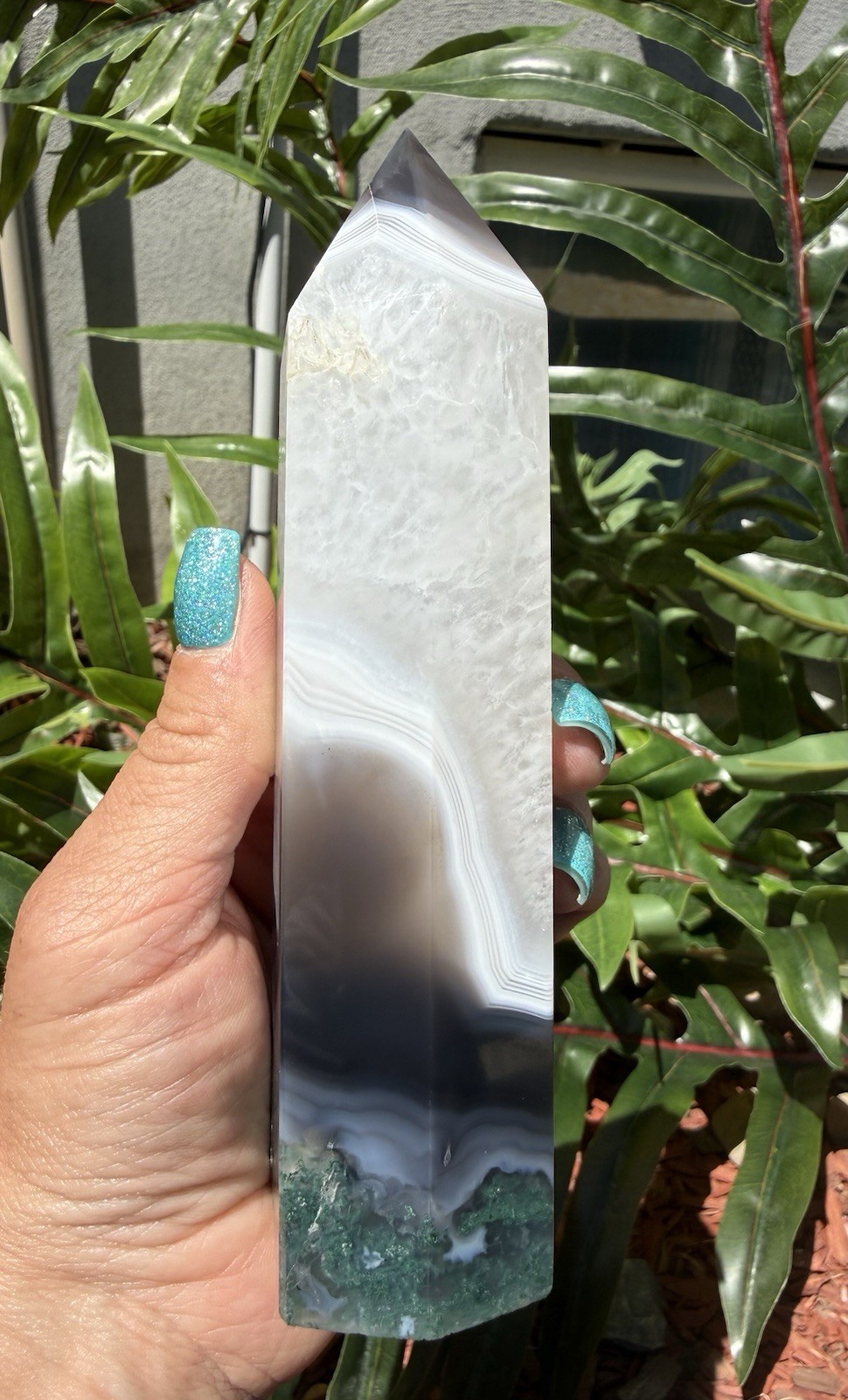 Large Natural Moss Agate in Quartz Crystal Tower White Plume Green Moss 6”