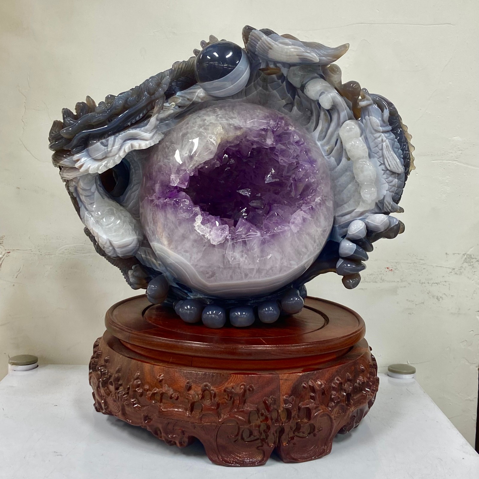 18.14LB Rare Natural Uruguay Amethyst Geode Quartz Crystal agate Carved Dragon