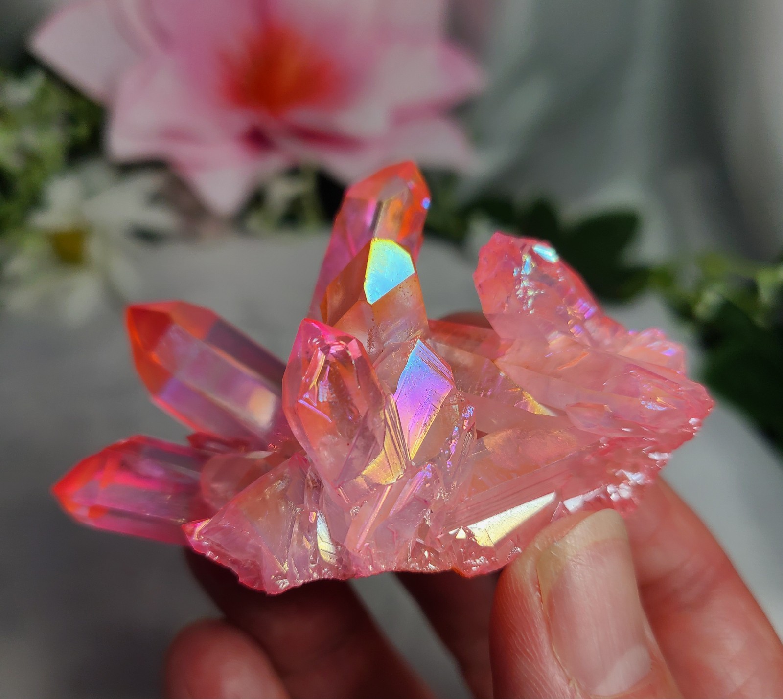 2.6″ 65g Beautiful Brazilian Pink Rainbow Aura Quartz Crystal Cluster Point