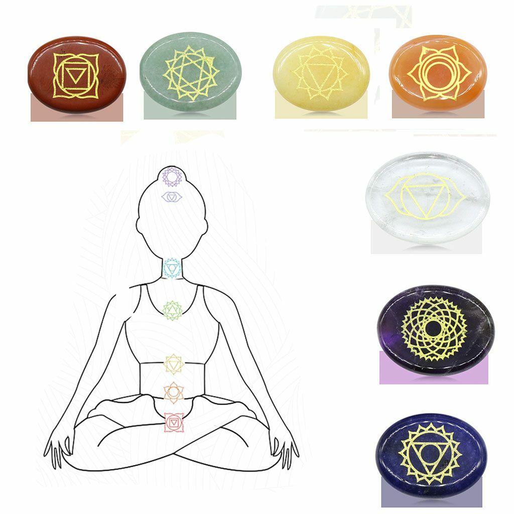 Healing 7Pcs Chakra Engraved Symbols Crystal Palm Worry Stones Set Reiki Energy