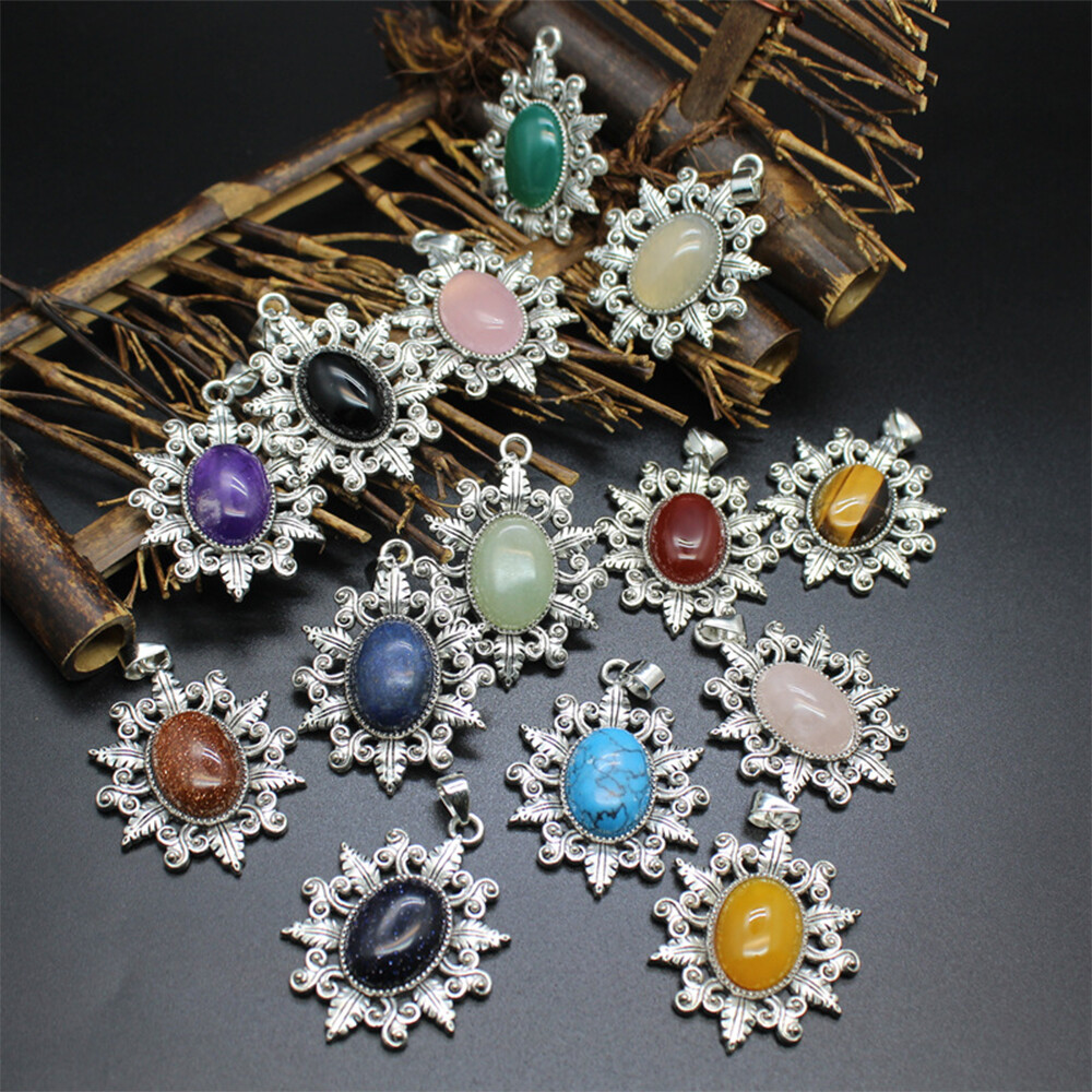 Natural Oval Bead Flower Leaves Pendant Stone Crystal Jewelry Healing Gift Reiki