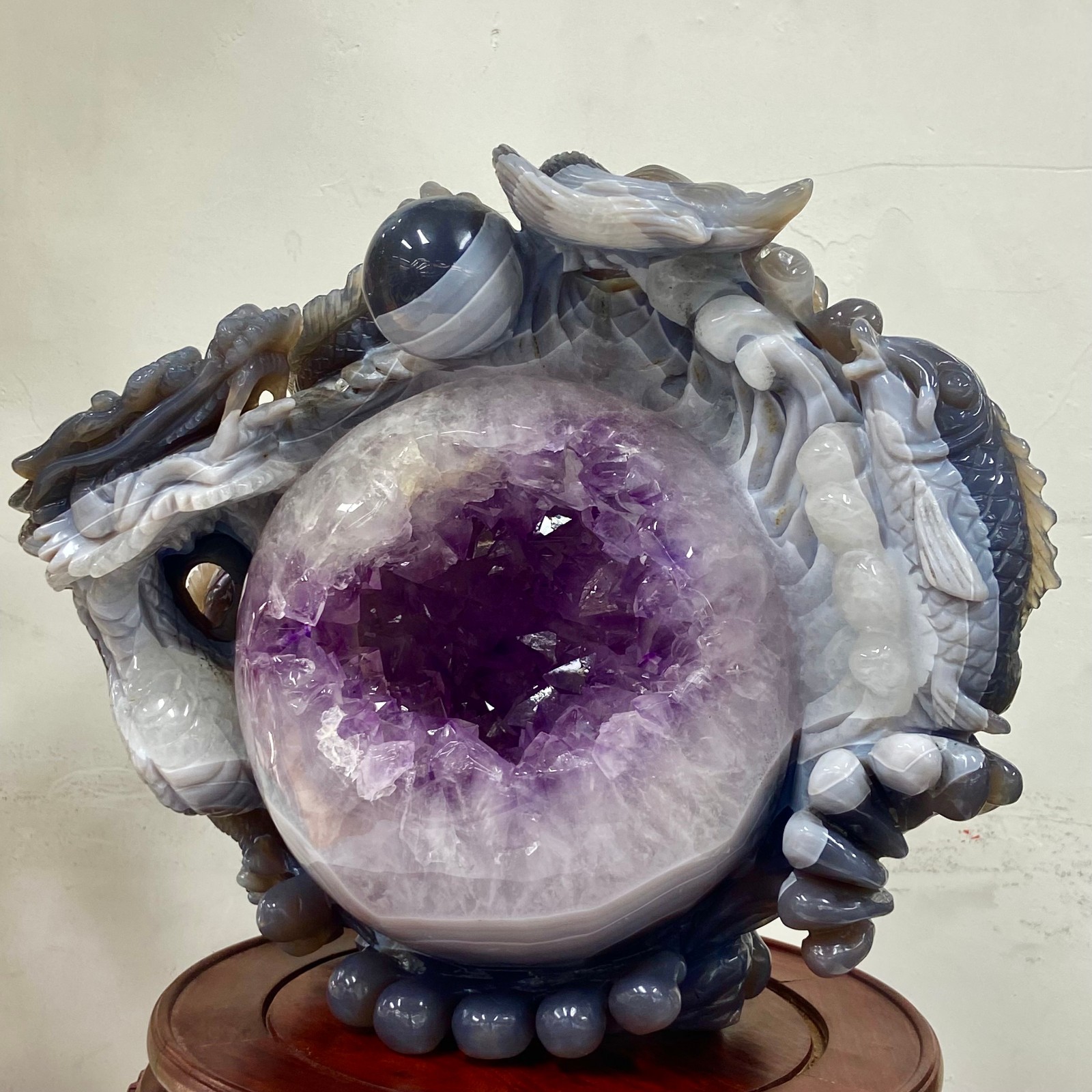 18.14LB Rare Natural Uruguay Amethyst Geode Quartz Crystal agate Carved Dragon
