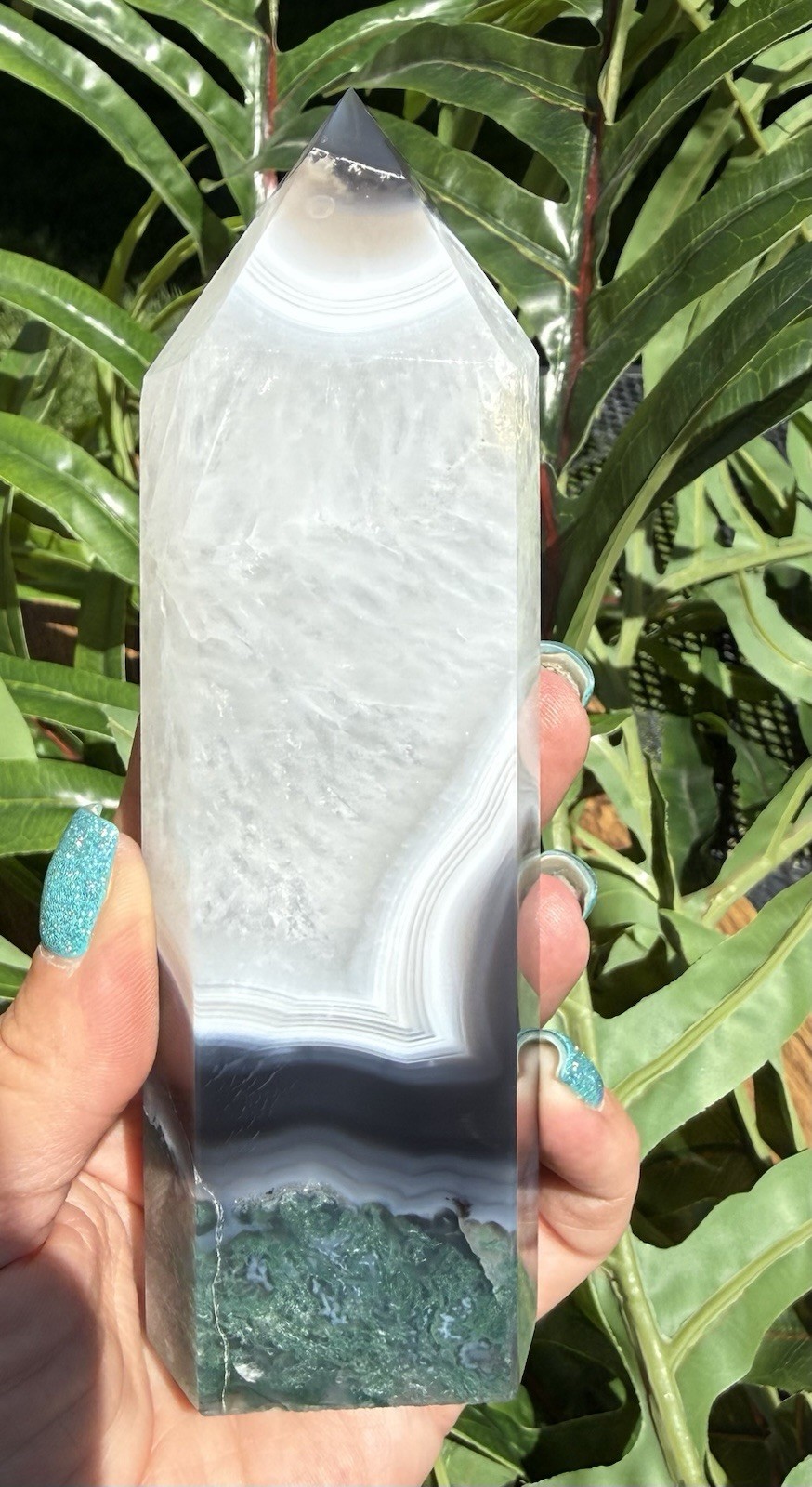 Large Natural Moss Agate in Quartz Crystal Tower White Plume Green Moss 6”