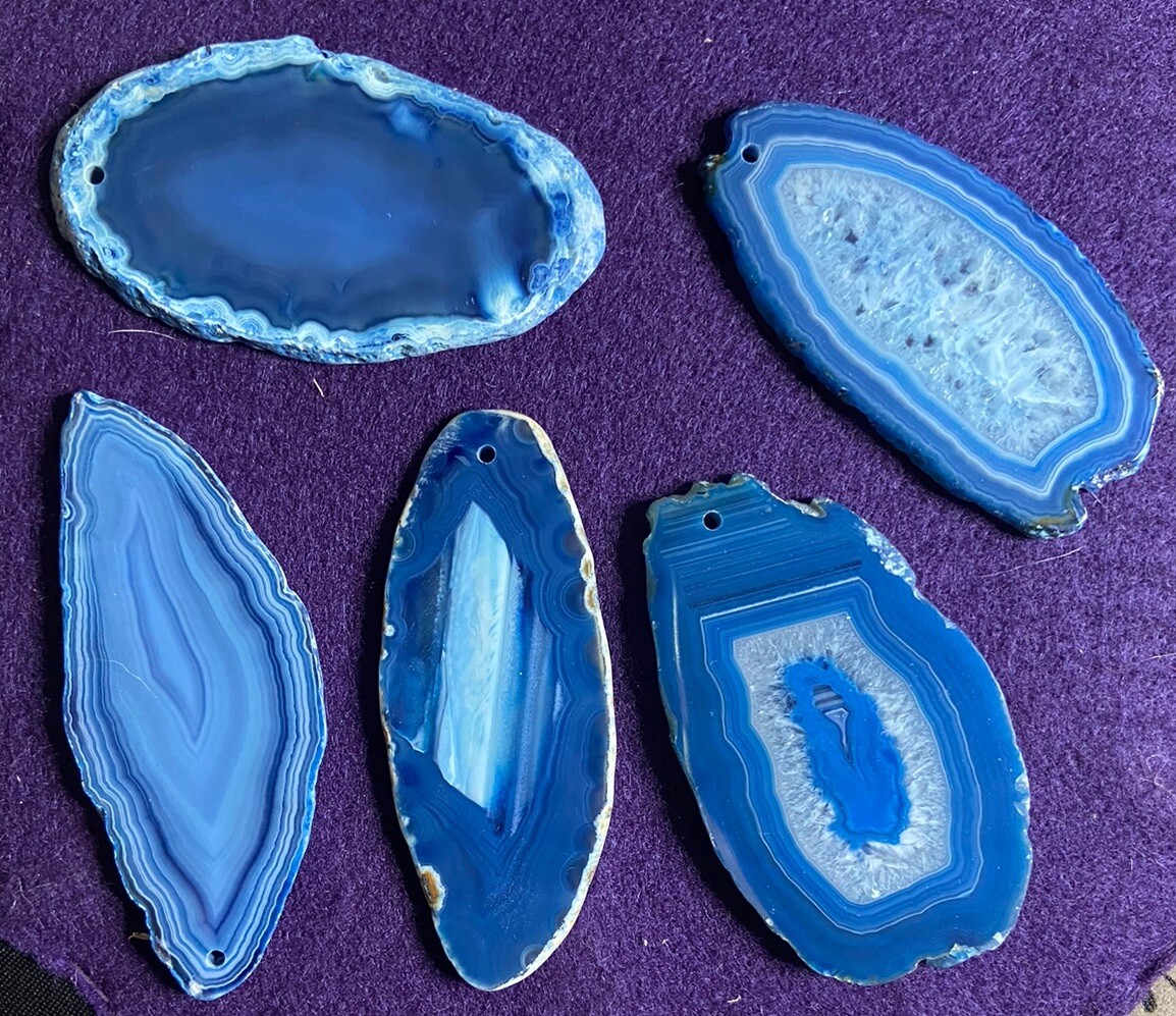5 Blue Brazilian Agate Pendants 3″x 1″ Slices / Drilled Jewelry Making / Geode