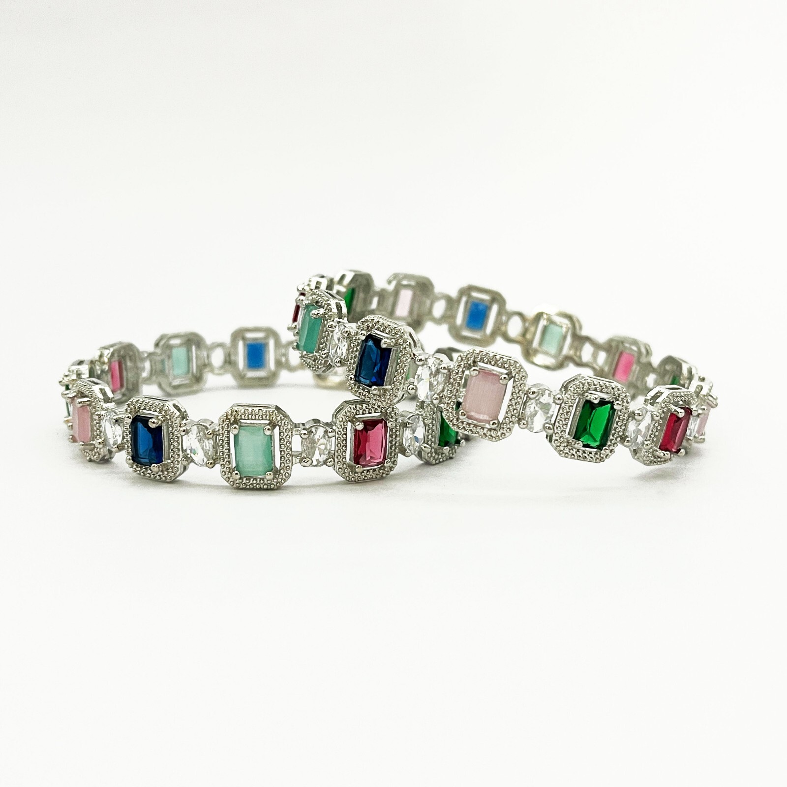 Silver Plated Multi Gemstone Bangle – Prong Setting Ethnic Jewelry for Her