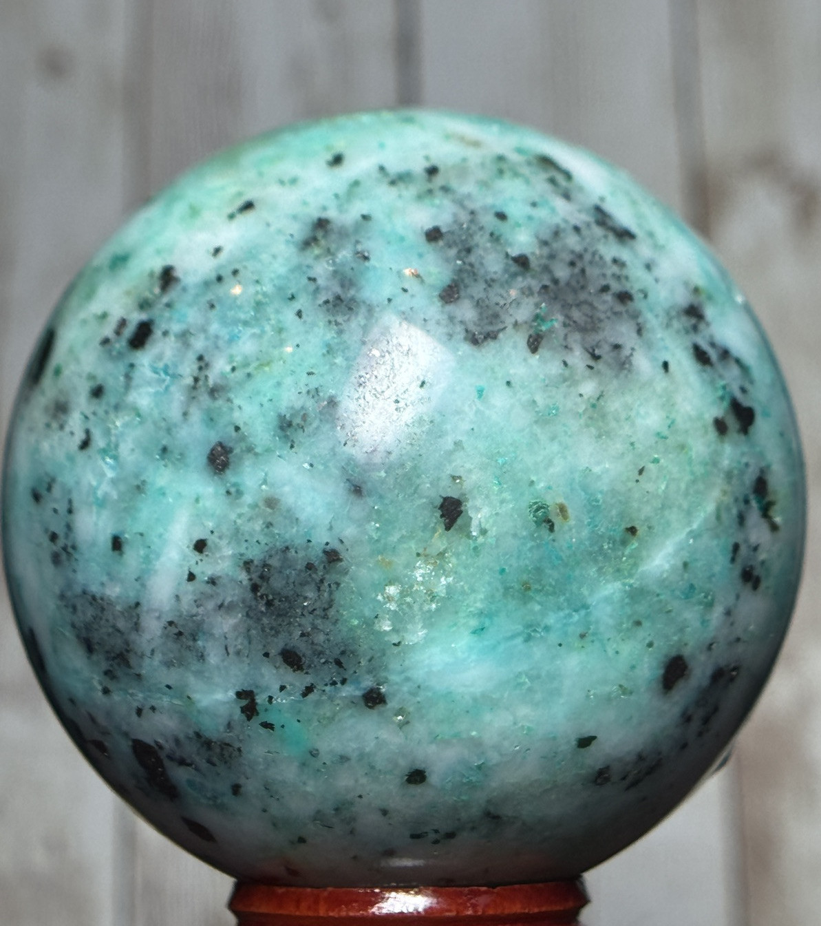61mm PHOENIX PINE SPHERE – Fynchenite Chrysocolla Malachite Quartz Crystal Decor