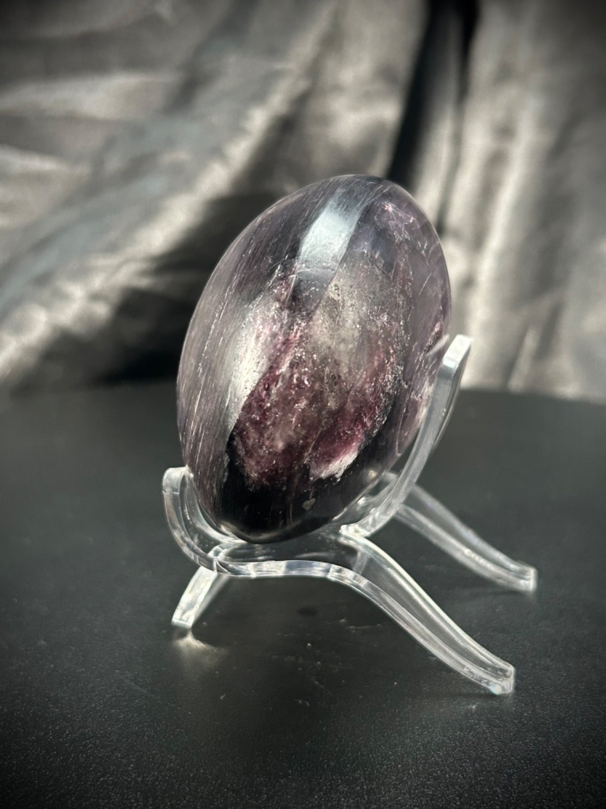 2.97″ Gemmy Lepidolite Freeform With Acrylic Stand 7.3oz (208 grams)