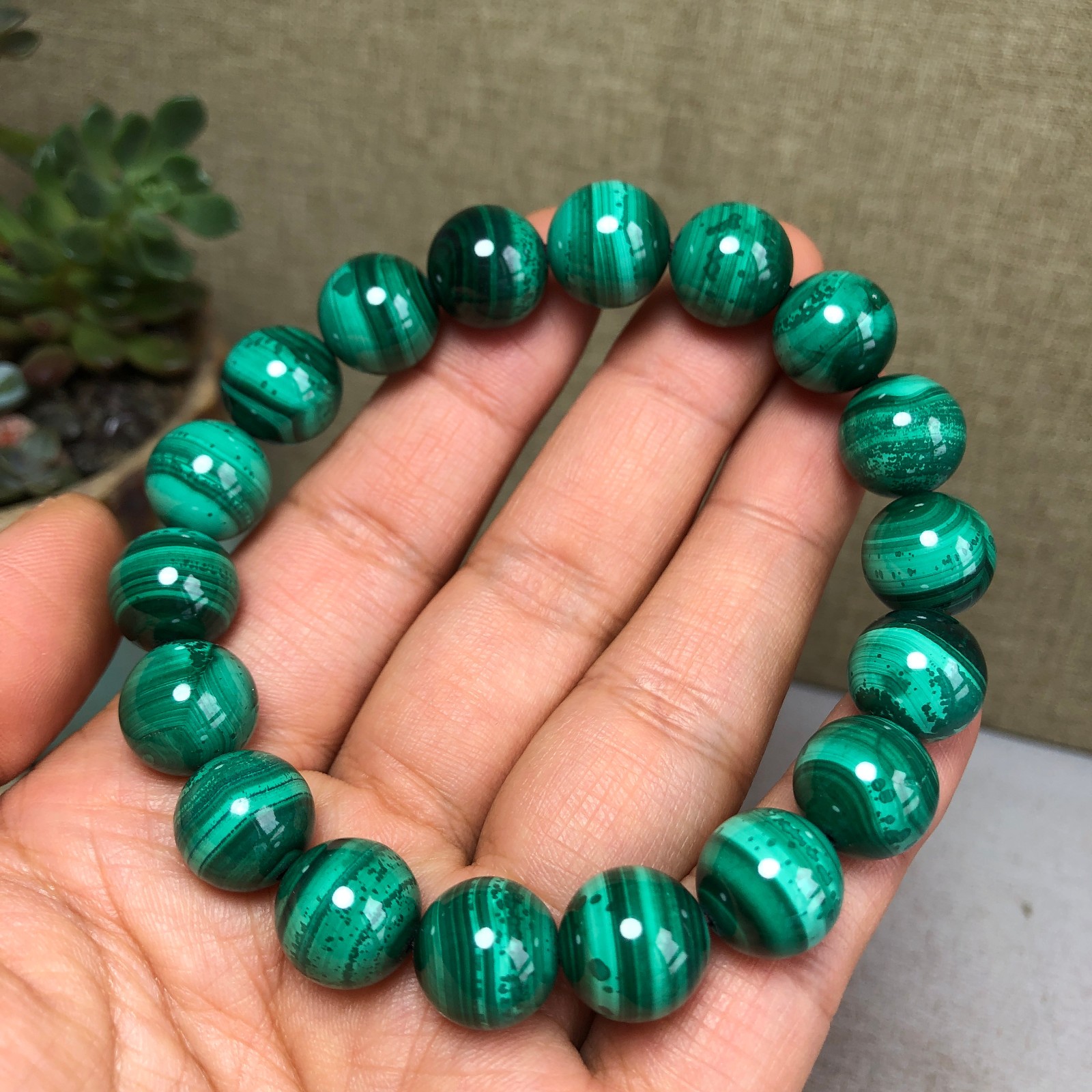 12mm Natural malachite gemstone Crystal chain beads bracelet 67g A4759