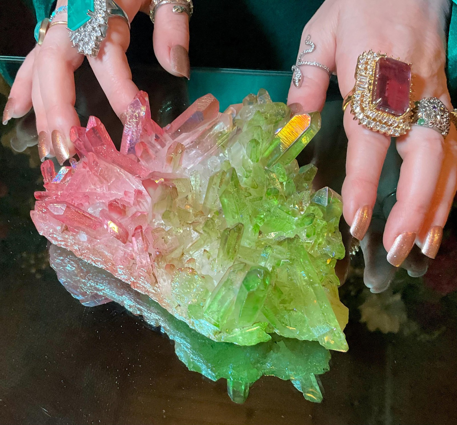 Pink & Green Aura Quartz Crystal Cluster ~ Large 1 Lb. 5 oz. ~ 6″ Long ~ Electr