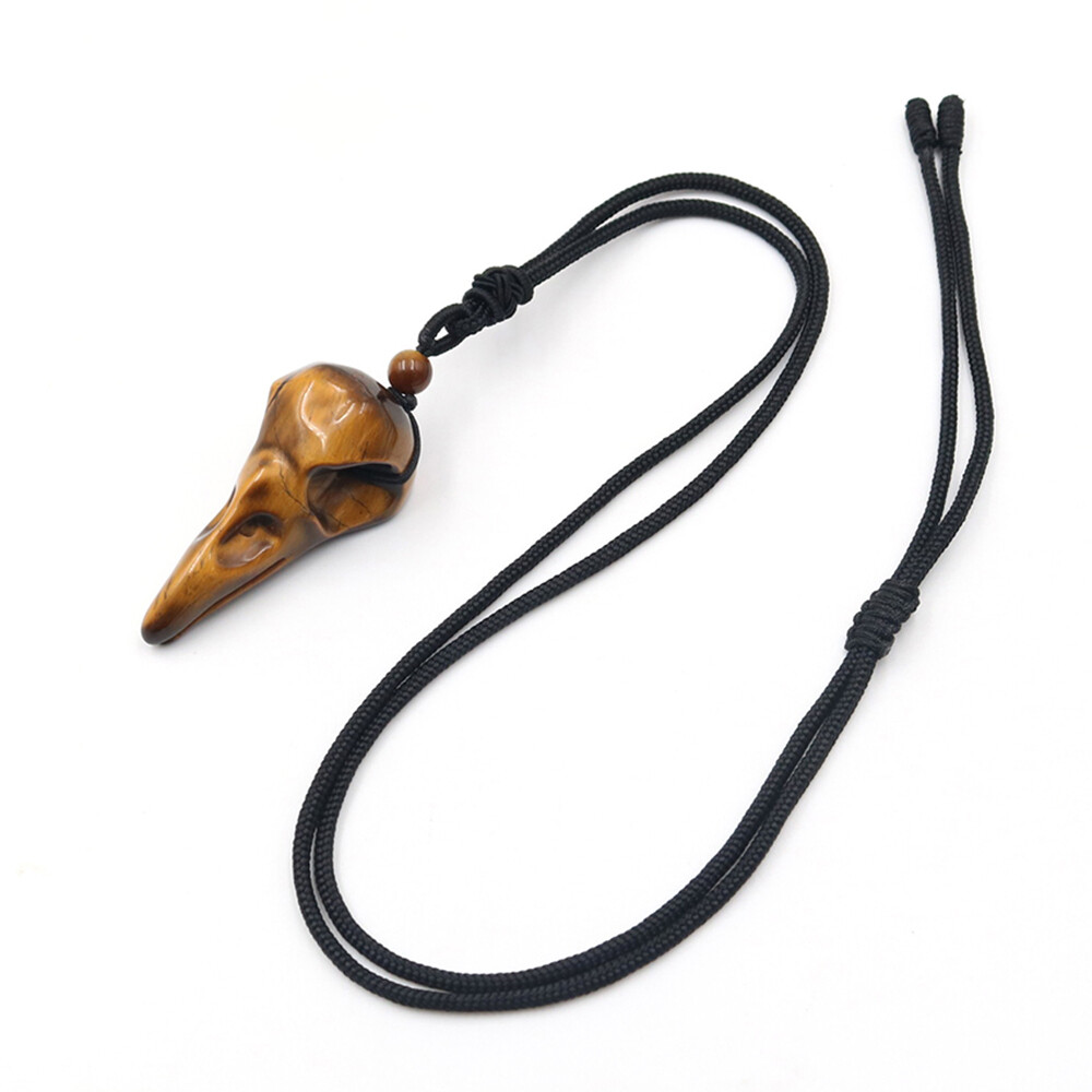 Natural Crystal Crow Head Bird Skull Hand Necklace Carving Quartz Stone Pendant