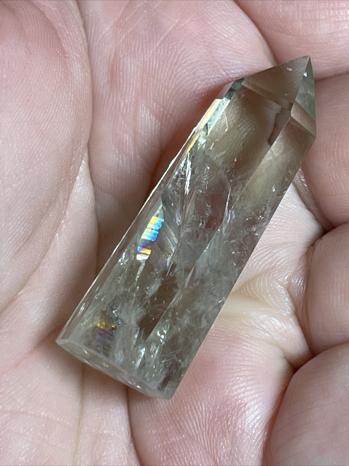 Prasiolite Green Amethyst Tower Point with Rainbows 1.58in Tall 9g