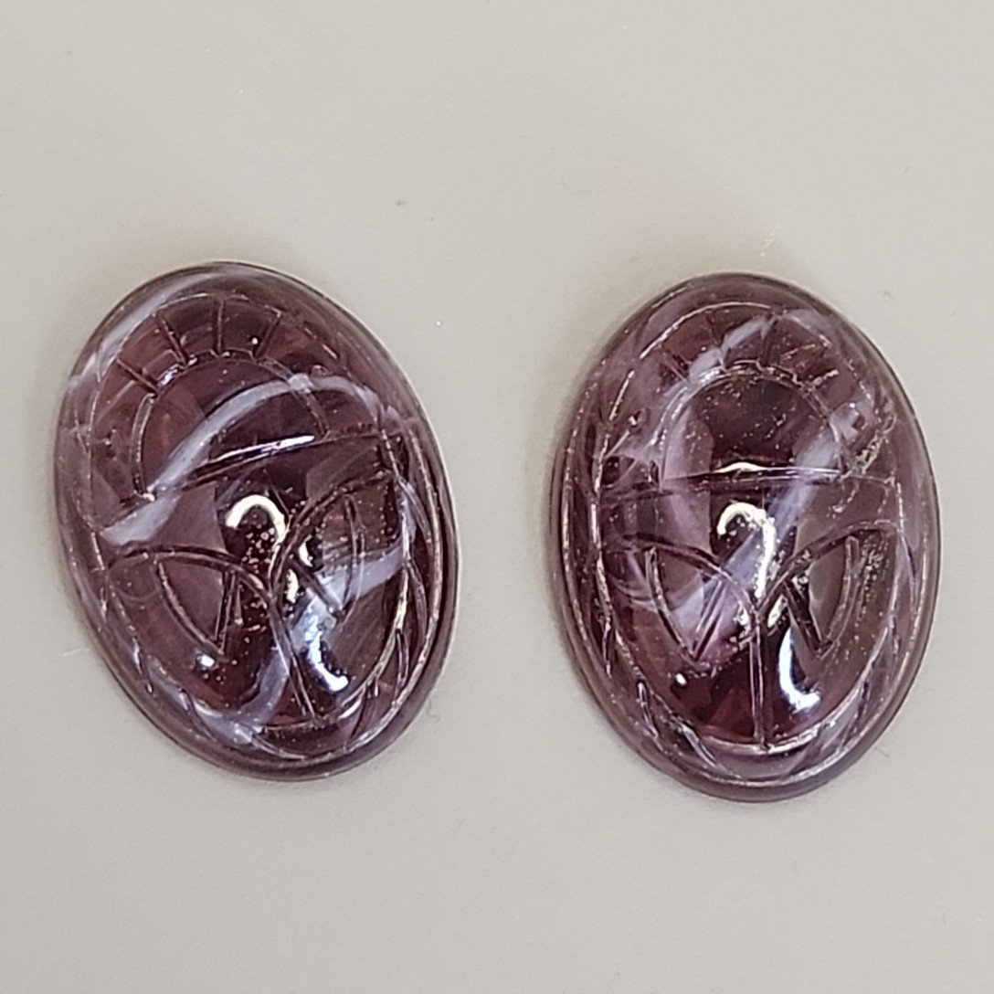 Carved Scarab Glass Gem Lot of 2 Purple Swirl Oval Egyptian Revival 25mm x 18mm
