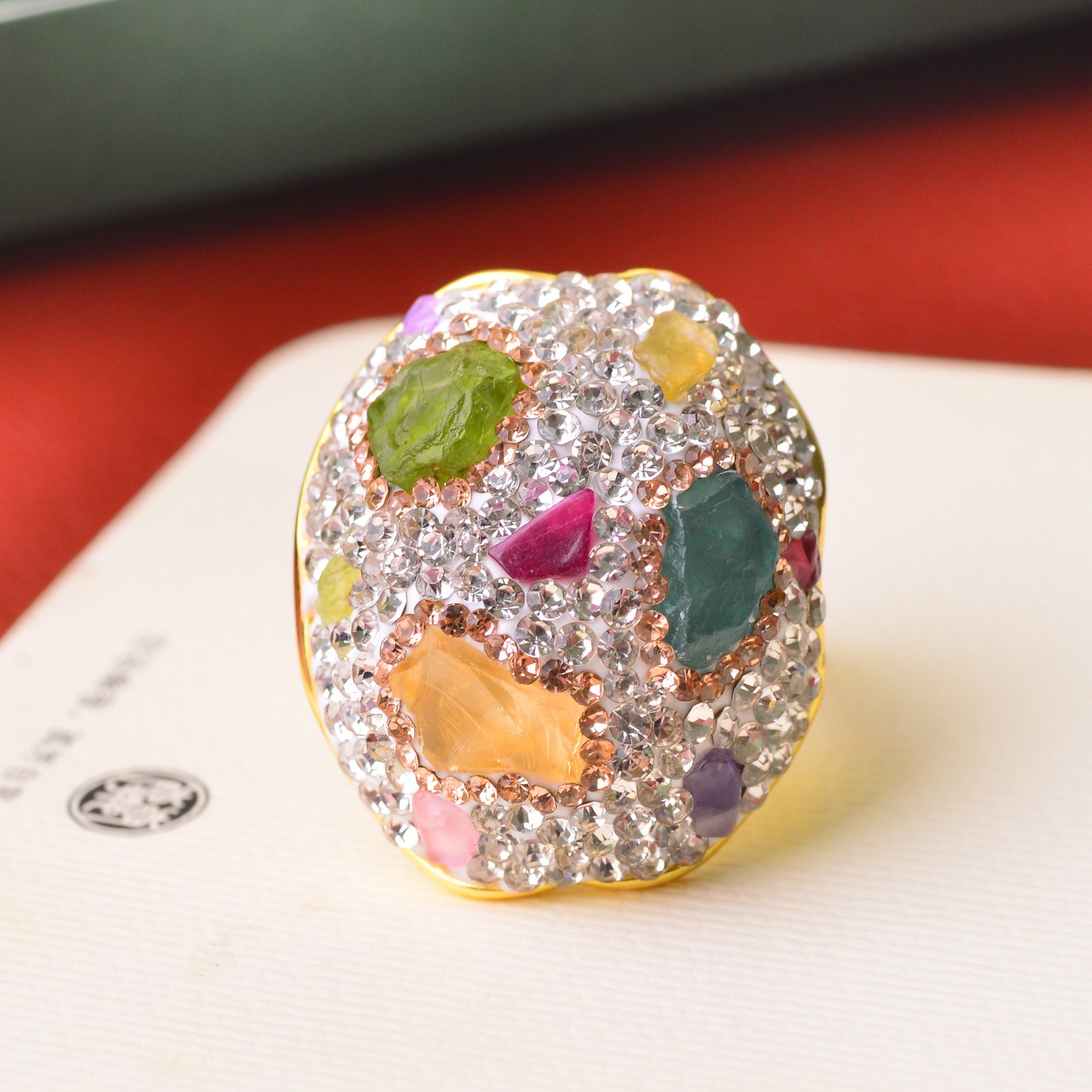 Crystal-encrusted gemstone ring alloy inlaid with handmade Energy Crystal