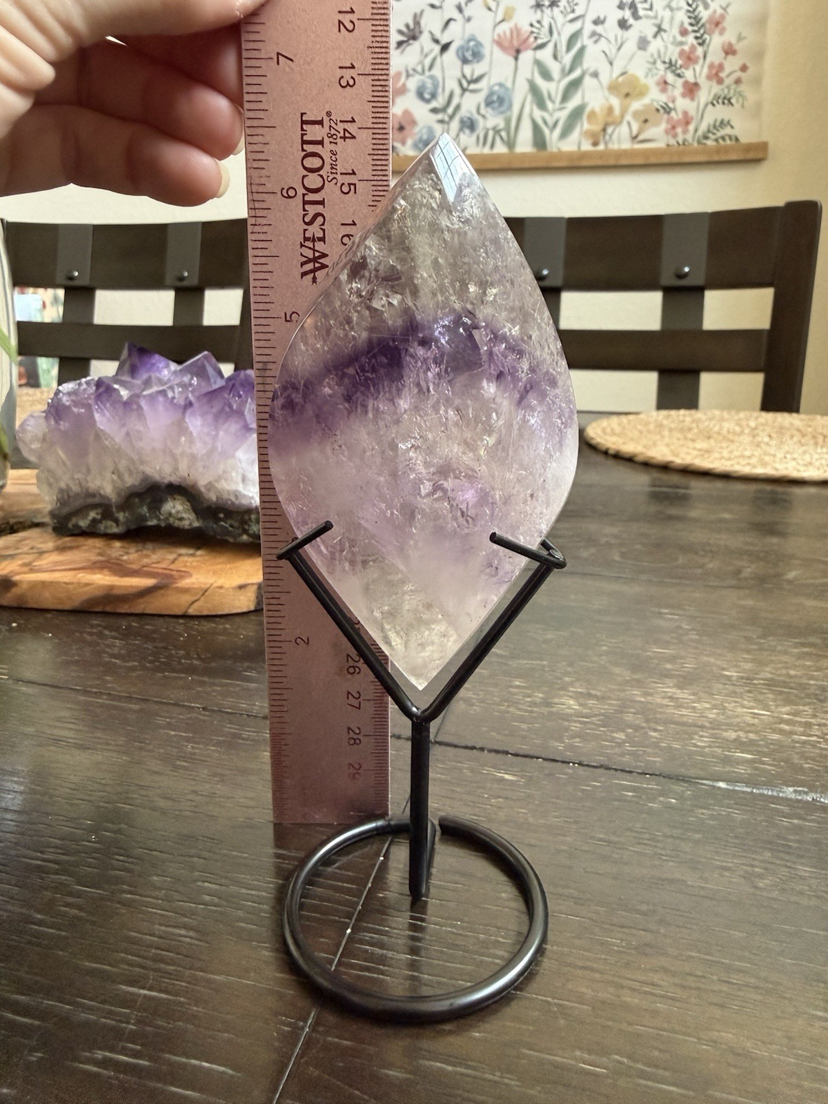6 1/2in. High Grade Quality Phantom Amethyst Quartz Flame Drop Crystal On Stand