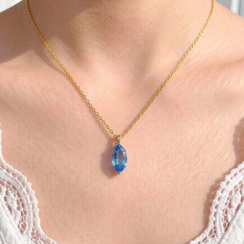 Natural Blue Topaz pendant necklace Gemstone S925 Silver Plated 18K Gold Jewelry