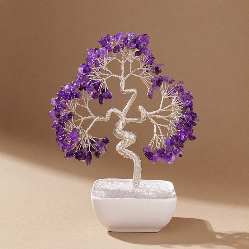 Amethyst Stones Tree of Life Ornament Reiki Healing Money Tree Ceramic Base