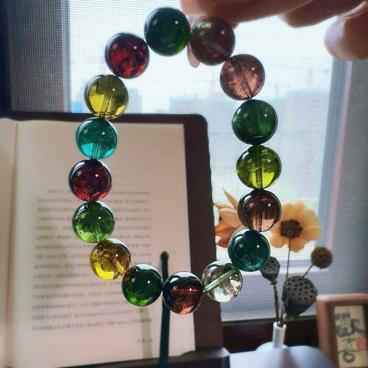 12mm Natural rainbow tourmaline quartz Beaded Bracelet Gemstone Stretch Bracelet