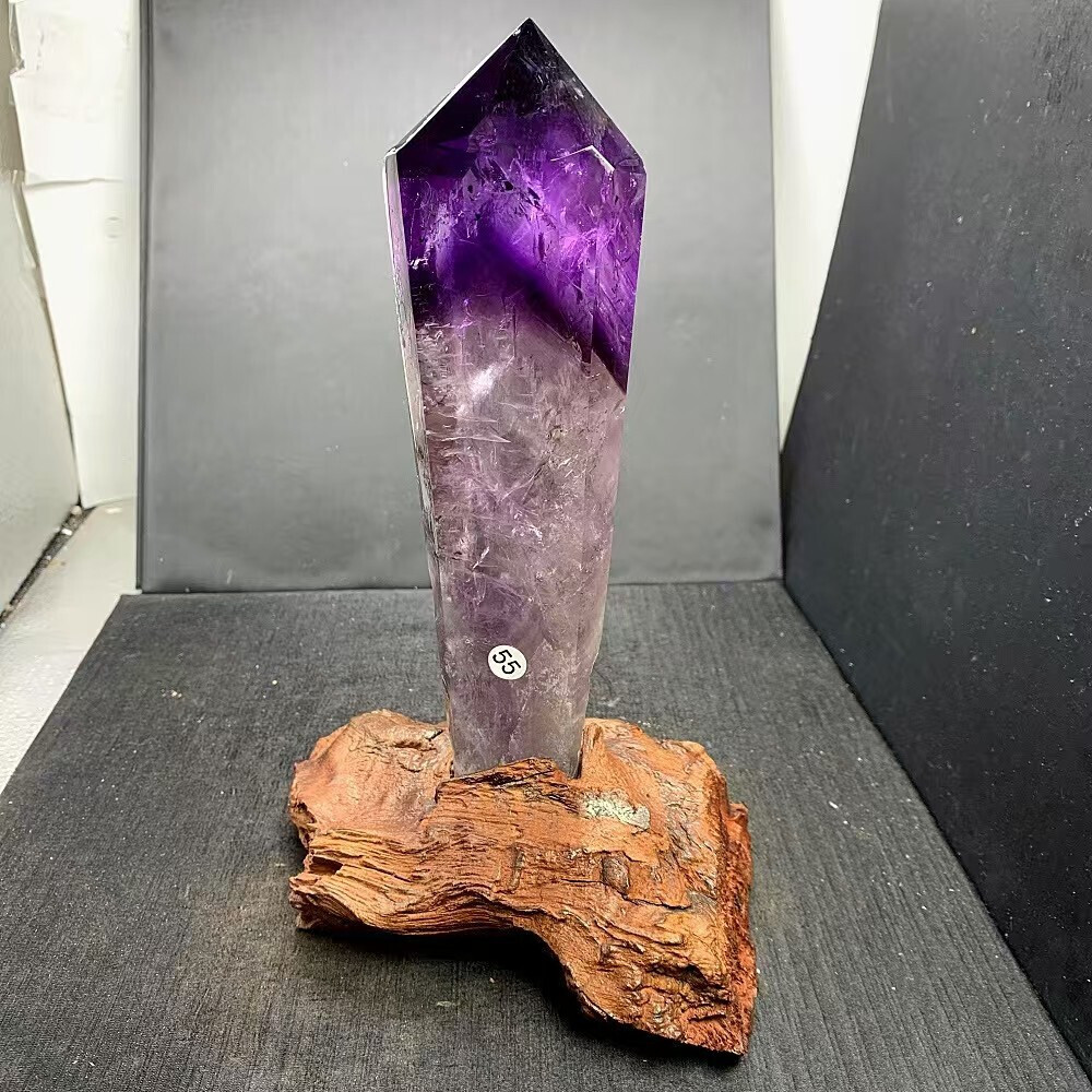 2LB Top Natural Amethyst crystal obelisk Crystal energy column Reiki Decor+stand