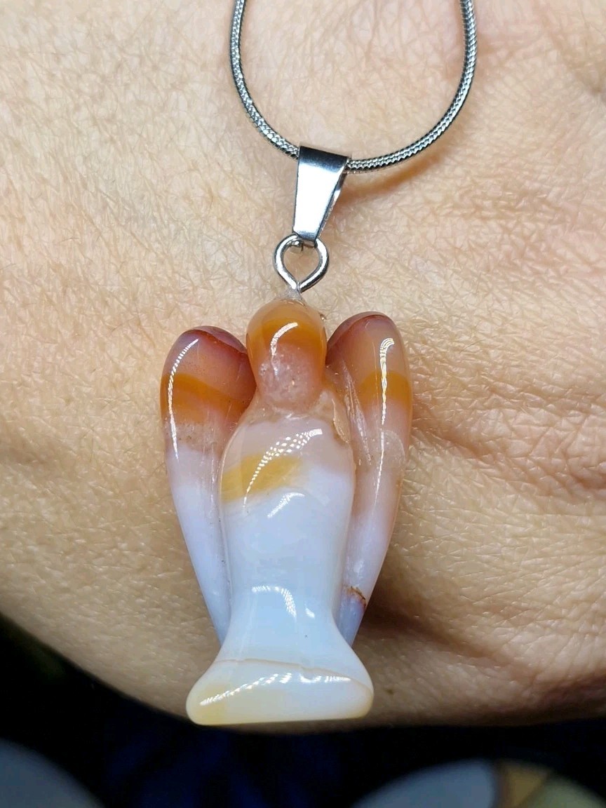 Carnelian Agate Crystal 3.5cm Angel Pendant On Stainless Steel Snake Chain