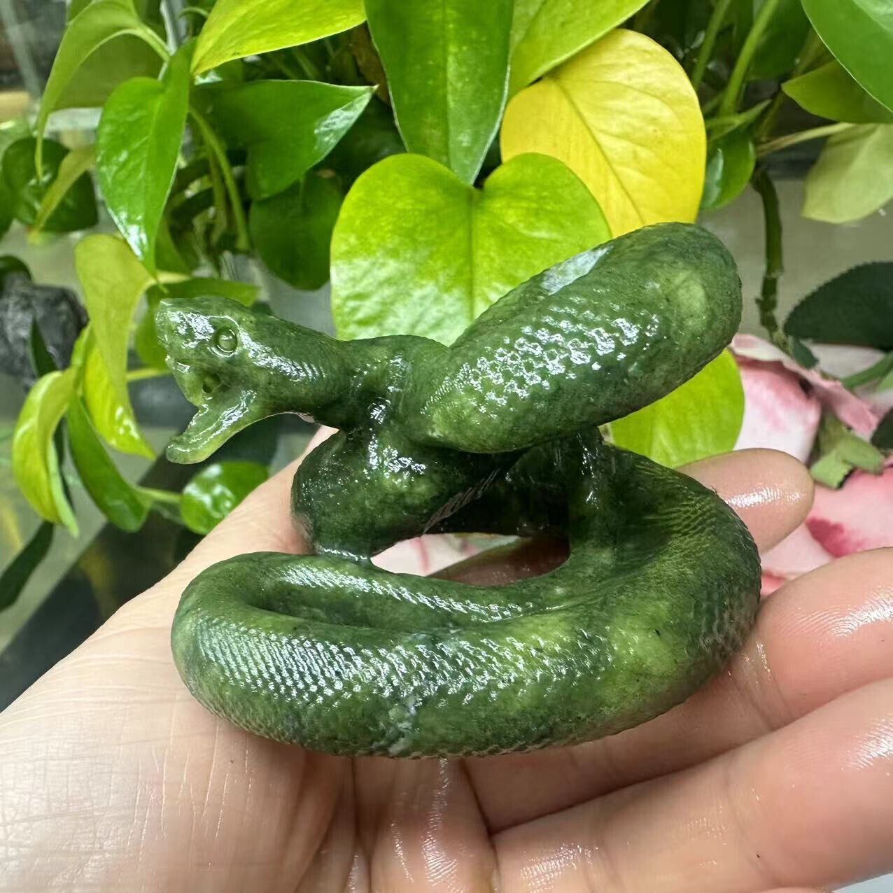 1pc Natural Serpentine Quartz Hand Carved Snake Skull Crystal Reiki Decor Gift