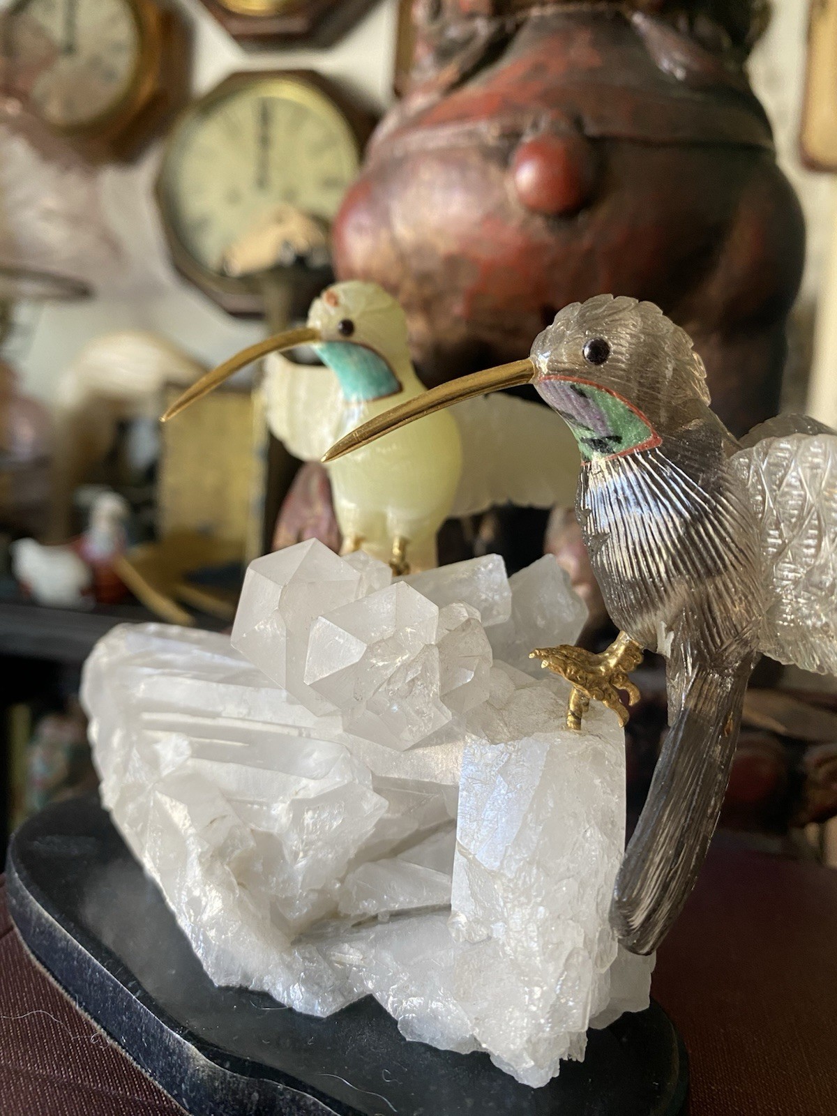 Peter Muller Hand Carved Smokey Quartz, Marble, Quartz Hummingbirds On Quartz