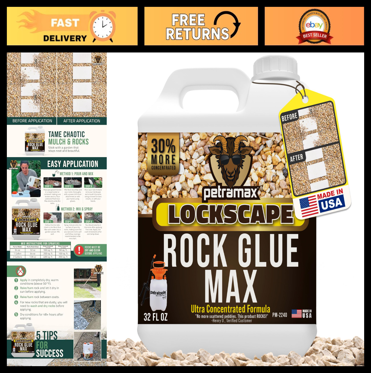 32oz Rock Glue for Landscaping – Pet Safe Mulch Adhesive for Gravel & Stones