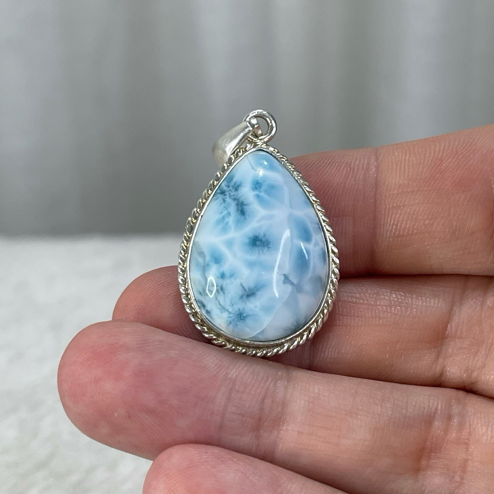 12g Larimar Ocean Drop Pendant, Handcrafted Sterling Silver Dominican Jewelry,
