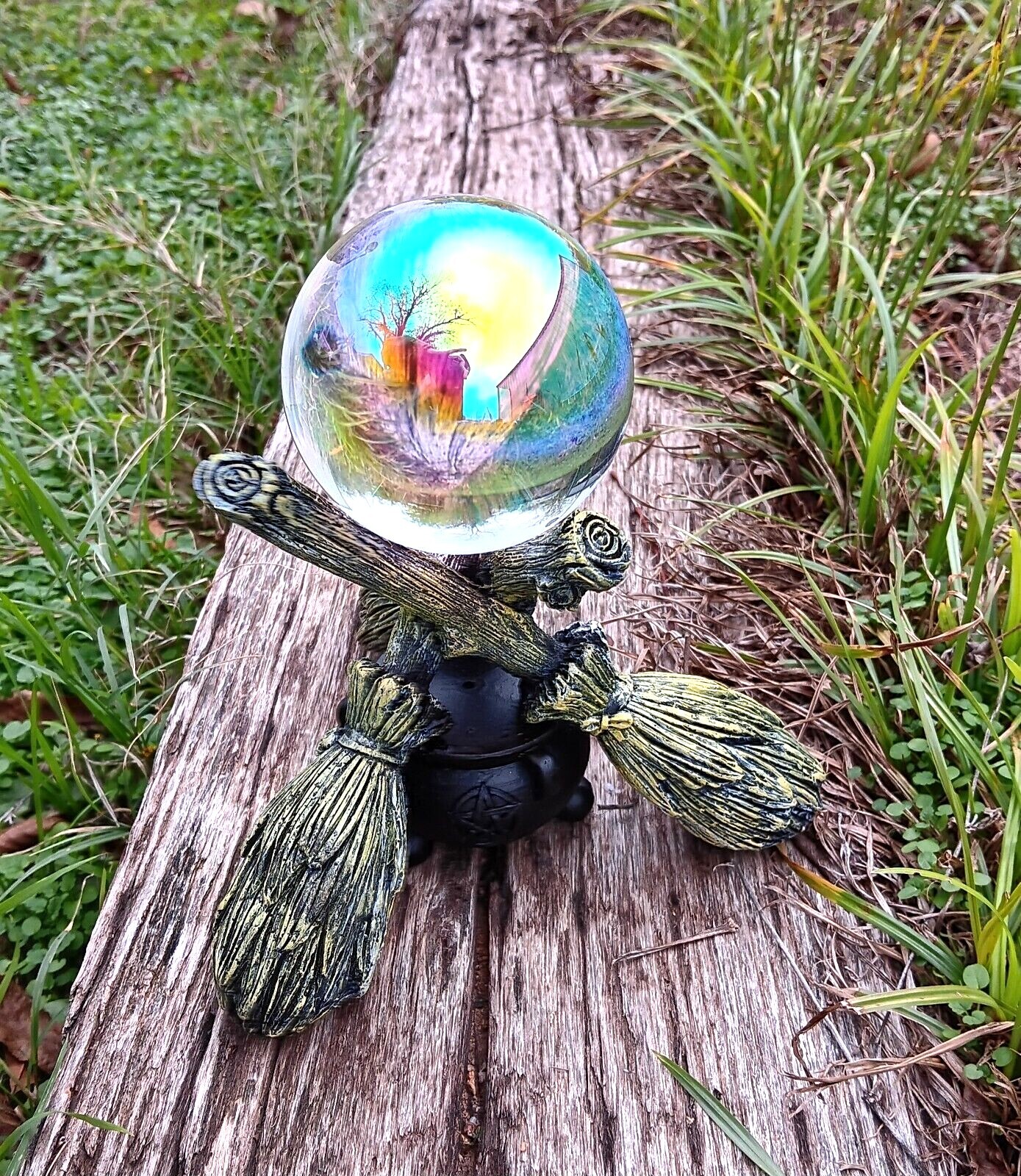 K9 80mm Clear Crystal Ball with Witch Broomstick & Cauldron Stand 7 colors